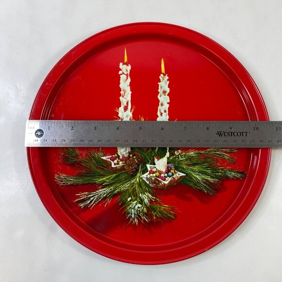 Vintage Christmas Holiday Red Metal Serving Tray Candles Greenery Design 13" - Picture 4 of 4